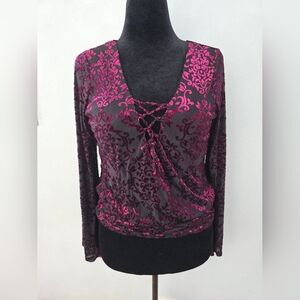 Venus Shirt Velvet Burnout Flare Sleeve Whimsigoth Top S Burgundy Renaissance